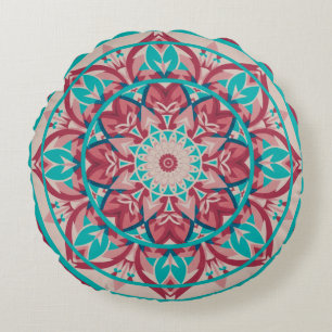 Coussins Ronds Mandala bohème rose et turquoise  