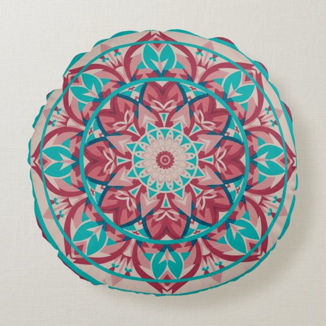Coussins Ronds Mandala bohème rose et turquoise   (Devant)