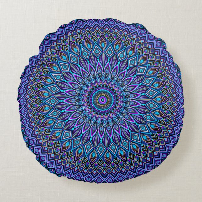 Coussins Ronds Mandala Boho bleu Turquoise violet Peacock Gold Ma (Devant)
