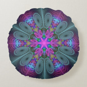 Coussins Ronds Mandala coloré frappant art fractal kaléidoscope