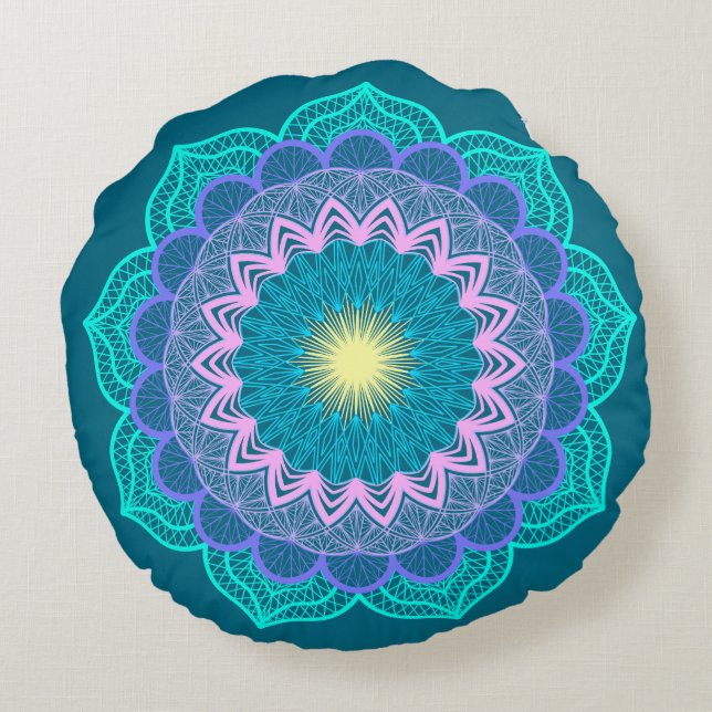 Coussins Ronds Mandala Coloré sur Fond Bleu (Dos)
