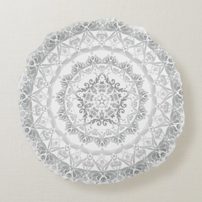 Coussins Ronds Mandala de damasque floral gris blanc (Dos)