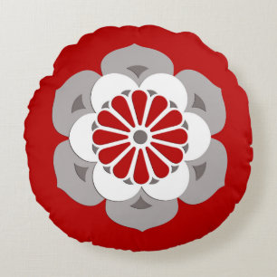 Coussins Ronds Mandala de fleur de Lotus, rouge foncé, gris et
