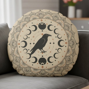 Coussins Ronds Mandala de la phase lunaire du corbeau mystique Ar
