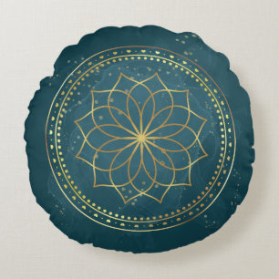 Coussins Ronds Mandala d'or en Turquoise