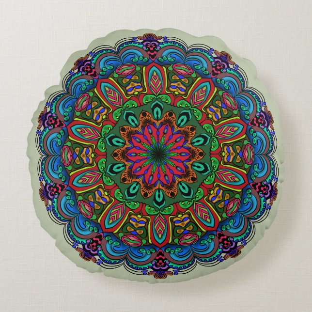 Coussins Ronds Mandala dynamique Floral & Motif géométrique (Devant)