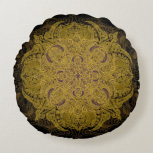 Coussins Ronds Mandala en filigrane de Mehndi d'or jaune sur le