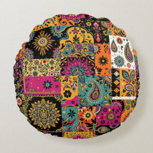 Coussins Ronds Mandala et motif paisley en patchwork bohème