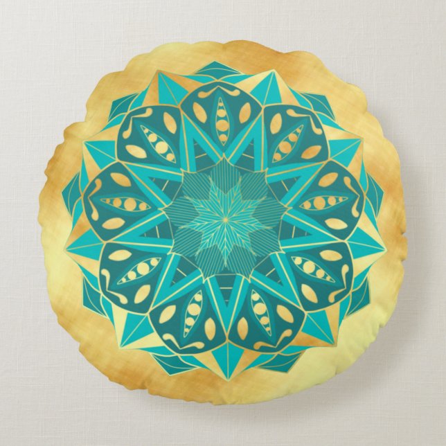 Coussins Ronds Mandala étoile bleu or sur fond or doux (Devant)