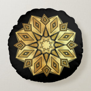 Coussins Ronds Mandala Étoile Dorée sur Fond Noir