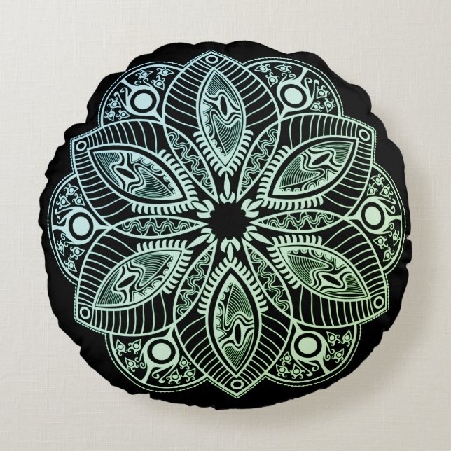 Coussins Ronds Mandala Exotic Tribal Green Gradient (Devant)