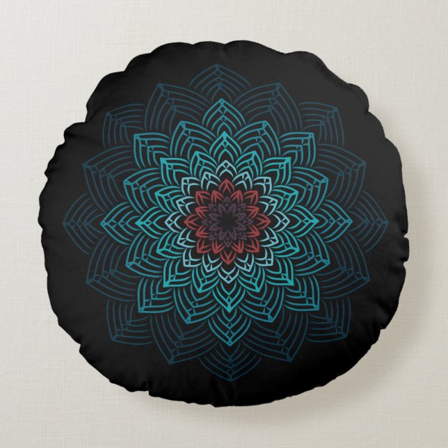 Coussins Ronds Mandala Fleur Aqua et Rouge (Devant)