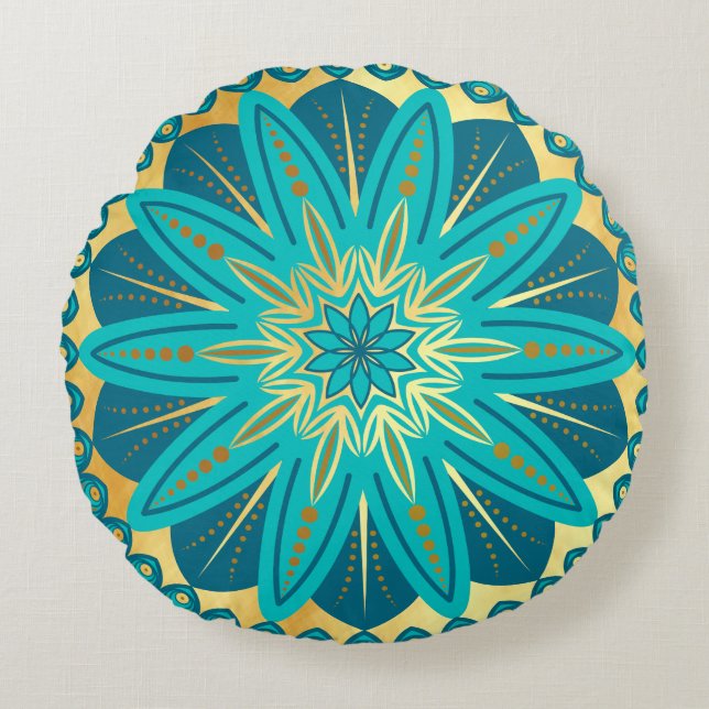 Coussins Ronds Mandala Fleur Or Bleu (Devant)