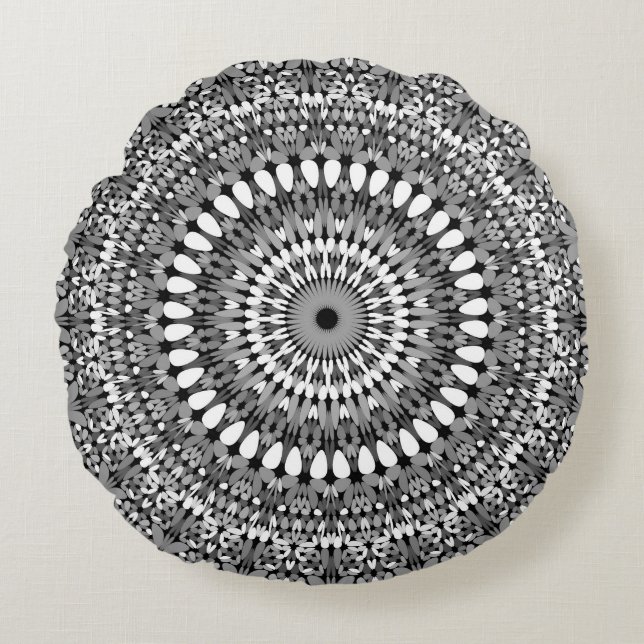 Coussins Ronds Mandala fleuri gris de gravier (Devant)