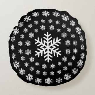 Coussins Ronds Mandala Flocons de Neige Noir et Blanc Minimaliste
