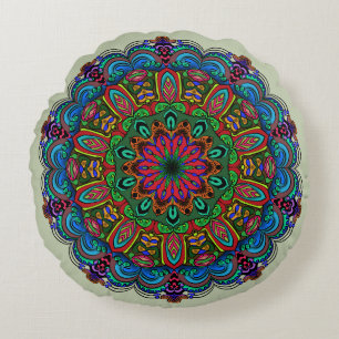 Coussins Ronds Mandala floral et motif géométrique vibrant