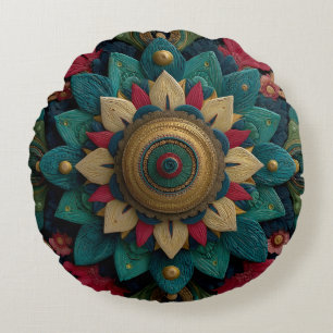 Coussins Ronds Mandala floral texturé complexe en sarcelle et or