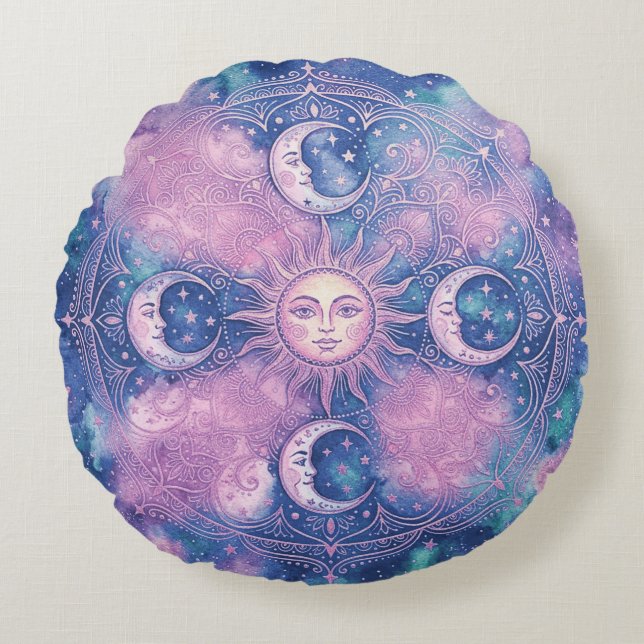 Coussins Ronds Mandala Galaxie Nébuleuse Soleil & Lune Céleste (Devant)