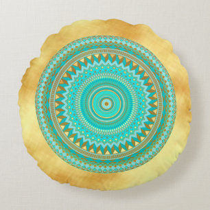 Coussins Ronds Mandala Iris Bleu Marron Or sur Fond Or