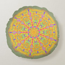 Coussins Ronds Mandala jaune avec géométrie rose
