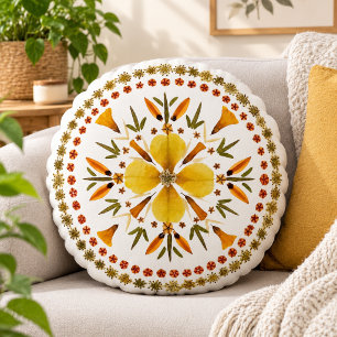 Coussins Ronds Mandala jaune fleur pressée d'après l'original Art