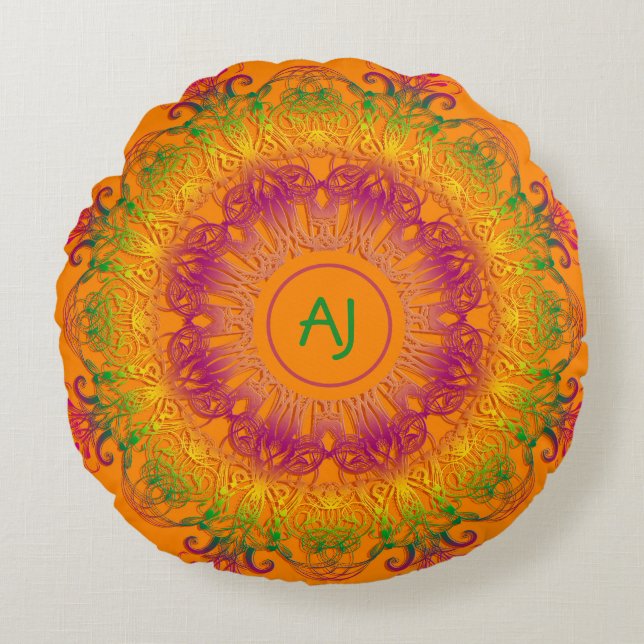 Coussins Ronds Mandala Monogram.arrière - plan orange. Tour P (Devant)