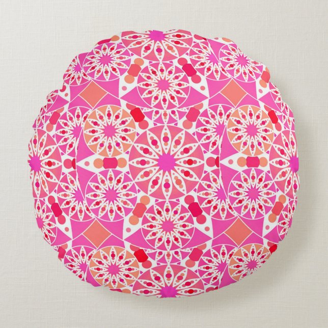 Coussins Ronds Mandala motif, tons rose et corail (Devant)