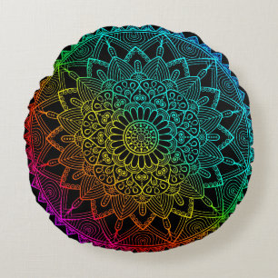 Coussins Ronds Mandala noir arc-en-ciel