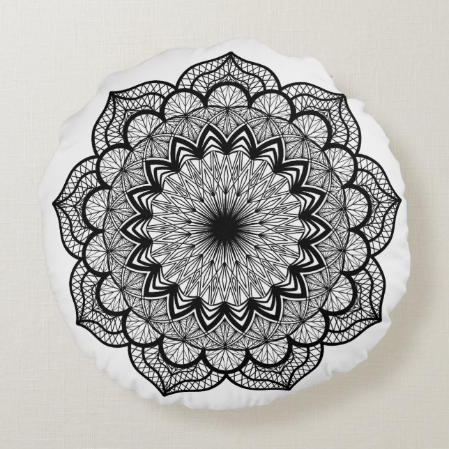 Coussins Ronds Mandala noir sur fond blanc (Dos)