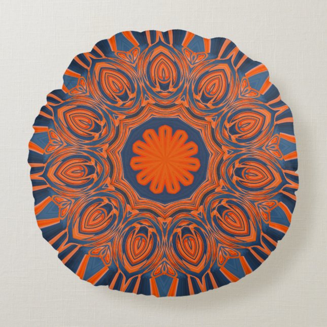 Coussins Ronds Mandala orange de bleu marine (Devant)