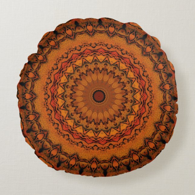 Coussins Ronds Mandala orange, jaune et noir (Devant)