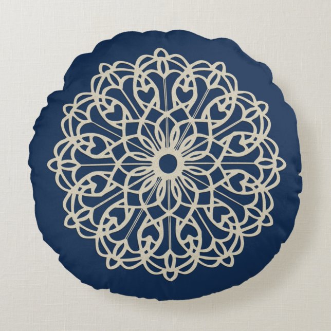 Coussins Ronds Mandala Orné Bleu Foncé (Devant)