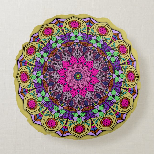 Coussins Ronds Mandala Sunshine Rose Jaune (Devant)