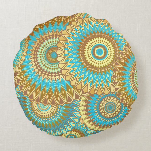 Coussins Ronds Mandala superposé bleu marron or (Dos)