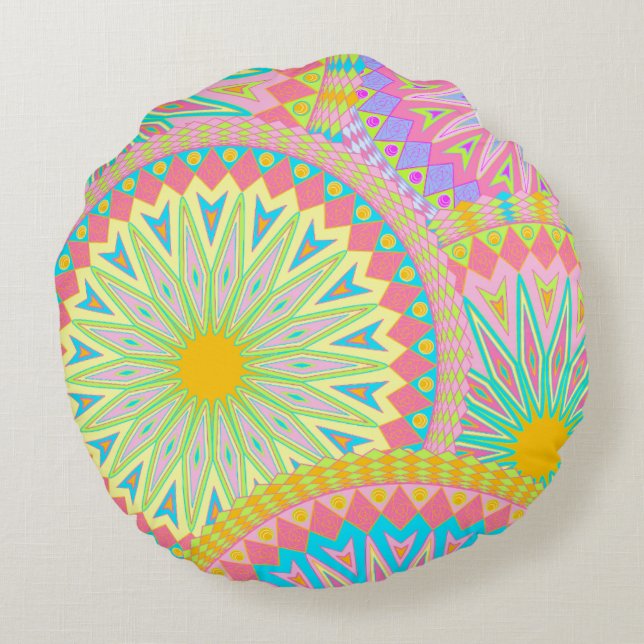 Coussins Ronds Mandala superposé rose bleu jaune menthe violet (Dos)