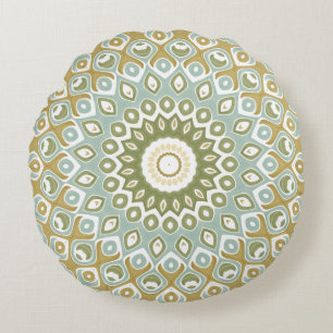 Coussins Ronds Mandala Terrien en Vert, Or et Bleu Clair