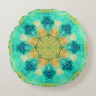 Coussins Ronds mandala turquoise et jaune  motif kaleidoscope