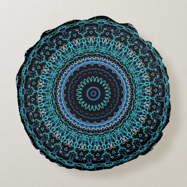 Coussins Ronds Mandala turquoise et noir (Dos)