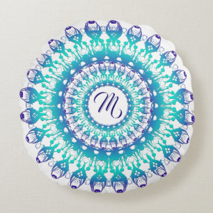 Coussins Ronds Mandala turquoise ethnique. monogramme