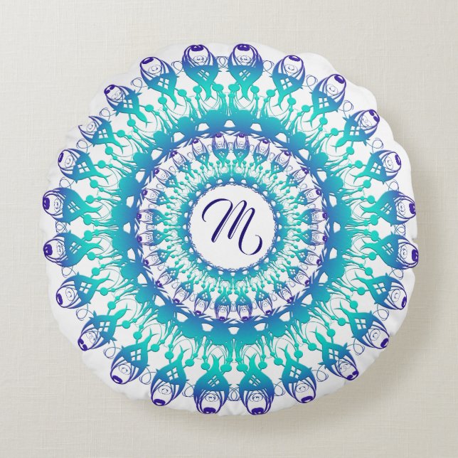 Coussins Ronds Mandala turquoise ethnique. monogramme (Devant)