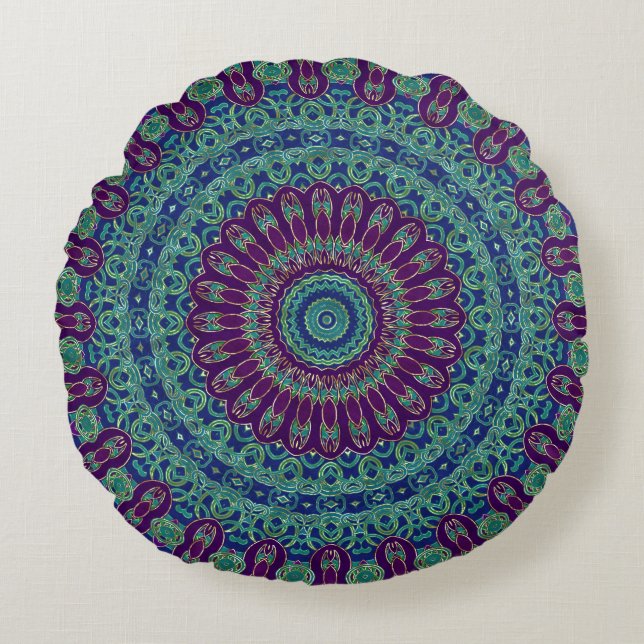 Coussins Ronds Mandala violet, bleu et vert (Devant)