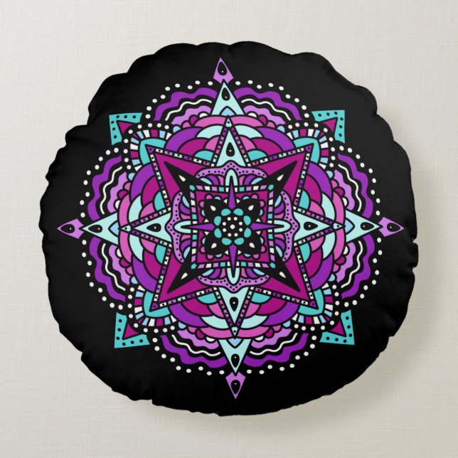 Coussins Ronds Mandala violet et Turquoise (Devant)