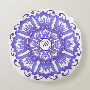 Coussins Ronds Mandala violet floral. Monogramme