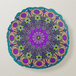 Coussins Ronds Mandala Violet pêche saumon rose vert