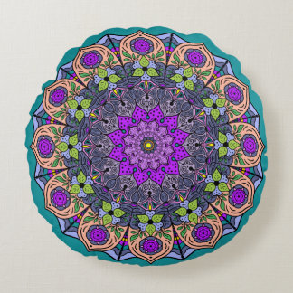 Coussins Ronds Mandala Violet pêche saumon rose vert