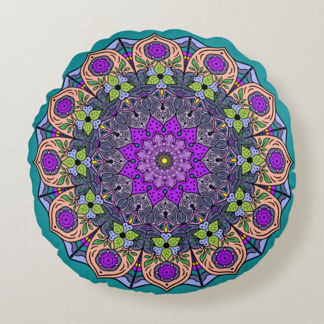 Coussins Ronds Mandala Violet pêche saumon rose vert (Devant)