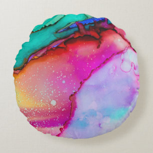 Coussins Ronds Marbre Abstrait Aquarelle Rose et Turquoise