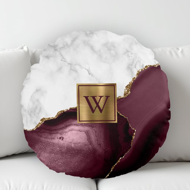 Coussins Ronds Marbre Blanc Agate de Bourgogne Doré Monogramme (Créateur téléchargé)