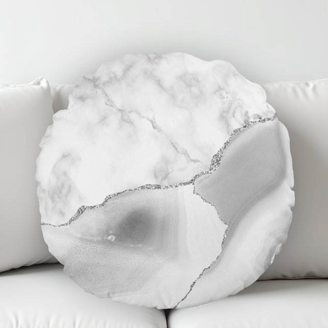 Coussins Ronds Marbre Blanc Agate Grise Paillettes Argentées (Créateur téléchargé)