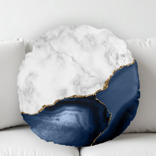 Coussins Ronds Marbre blanc Agate Navy Blue dorée